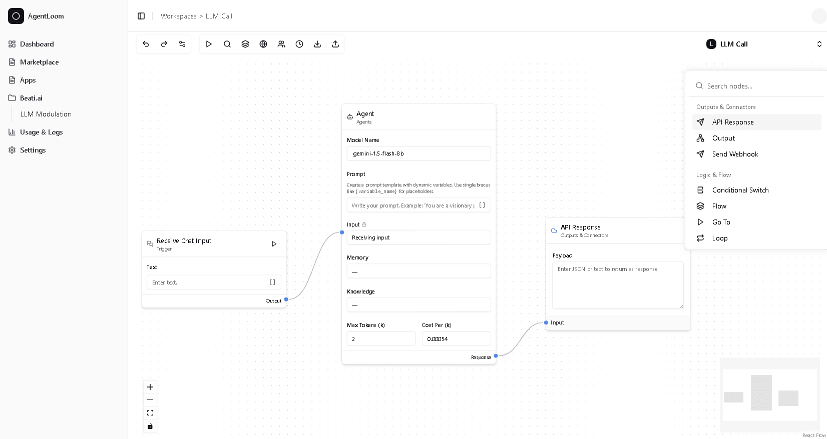 AgentLoom LLM Flow Editor Screenshot